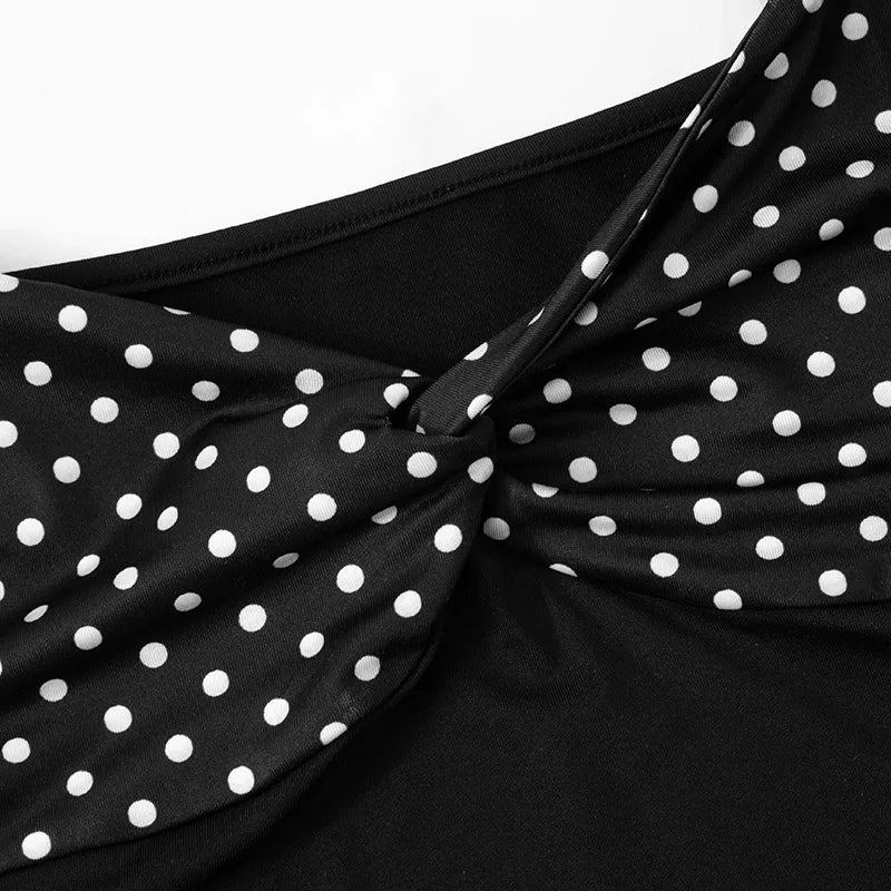 Women's Skirt Two Pieces Set Halter Neck Short Sleeve Top Polka Dot Print Patchwork Skirt Set