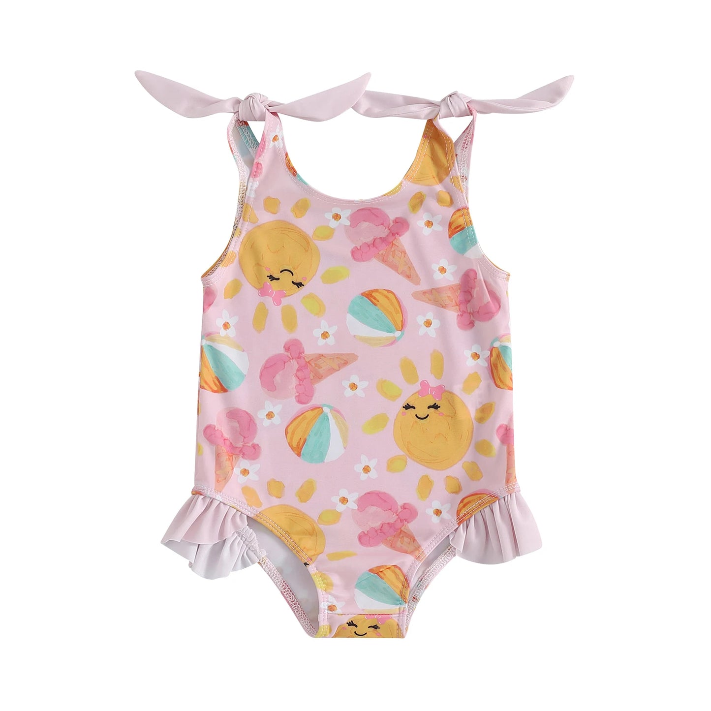 0-5Y Toddler Kids Girls Summer Swimsuits Cartoon Ice Cream Print Tie up Strap Ruffled Swimwear
