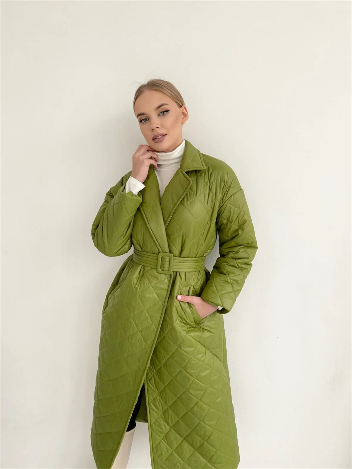 Women's Long Sleeve Parkas Quilted with Belt Trench Coat Warm Down Jacket