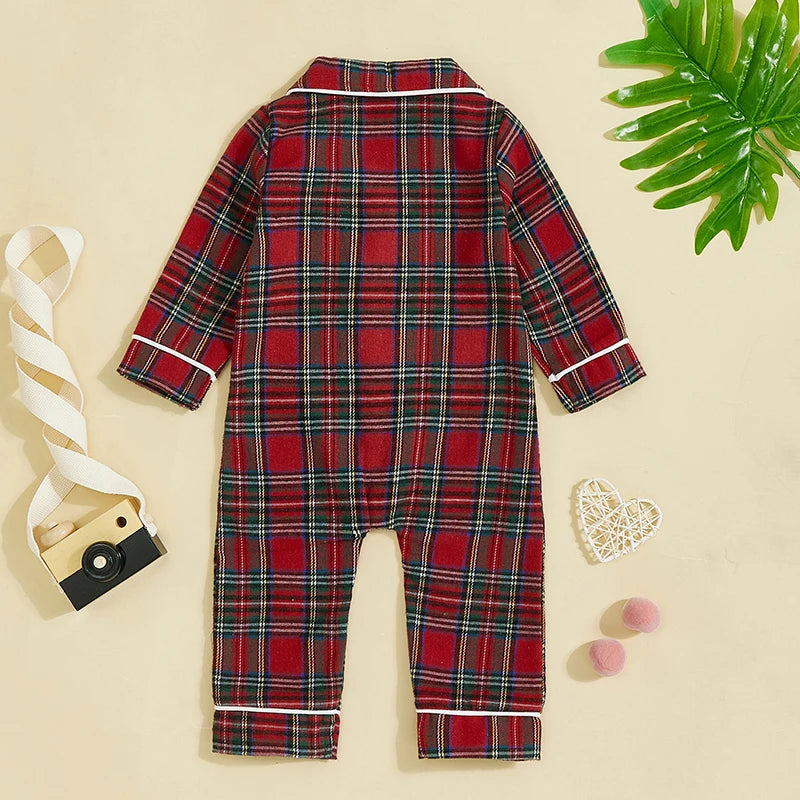 Baby Plaid Pajama Romper - Turn Down Collar Long Sleeve Bodysuit
