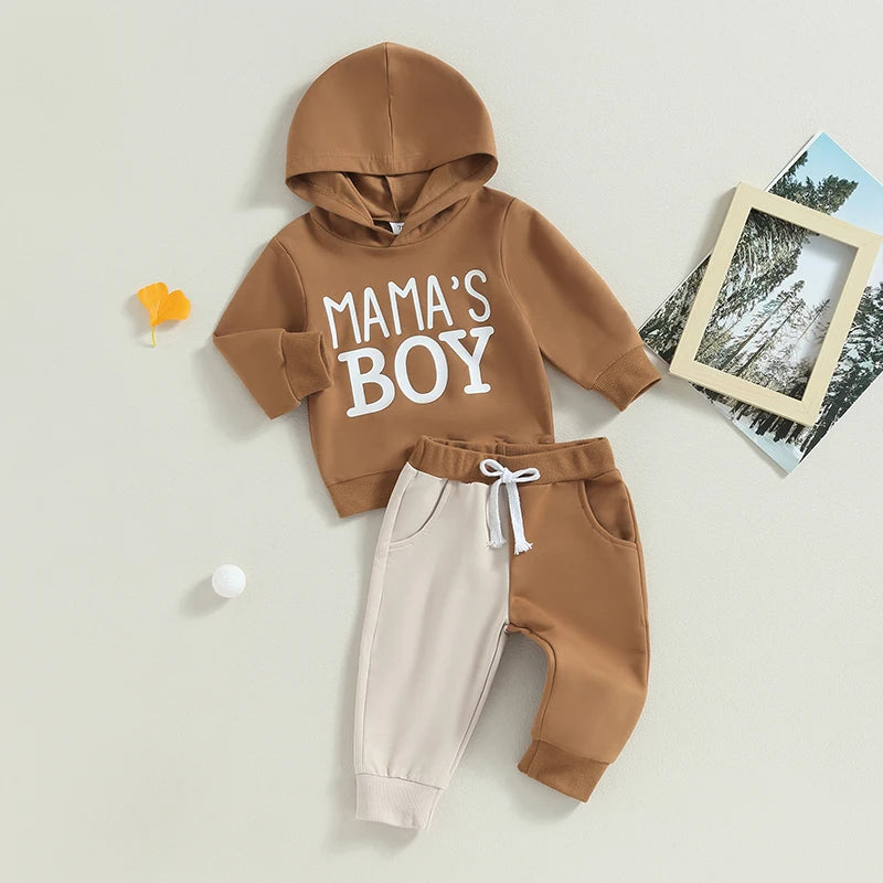 0-3Y Autumn Casual Kids Boys Clothes Set 2pcs Letter Print Hooded Pocket Top Colour Patchwork Long Pants