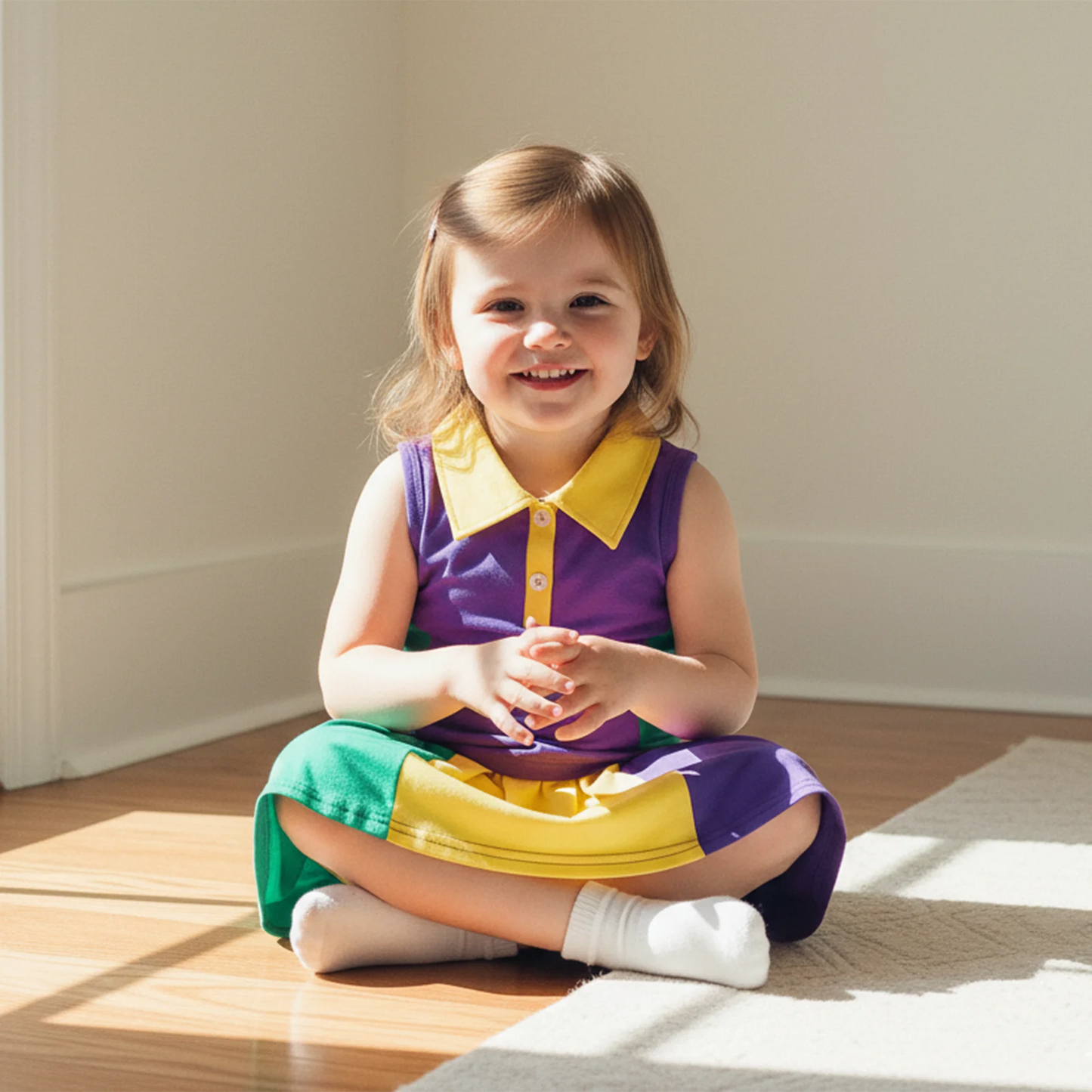 Girls Mardi Gras 2-Piece Outfit - Contrast Lapel Tank Top & Skirt Set