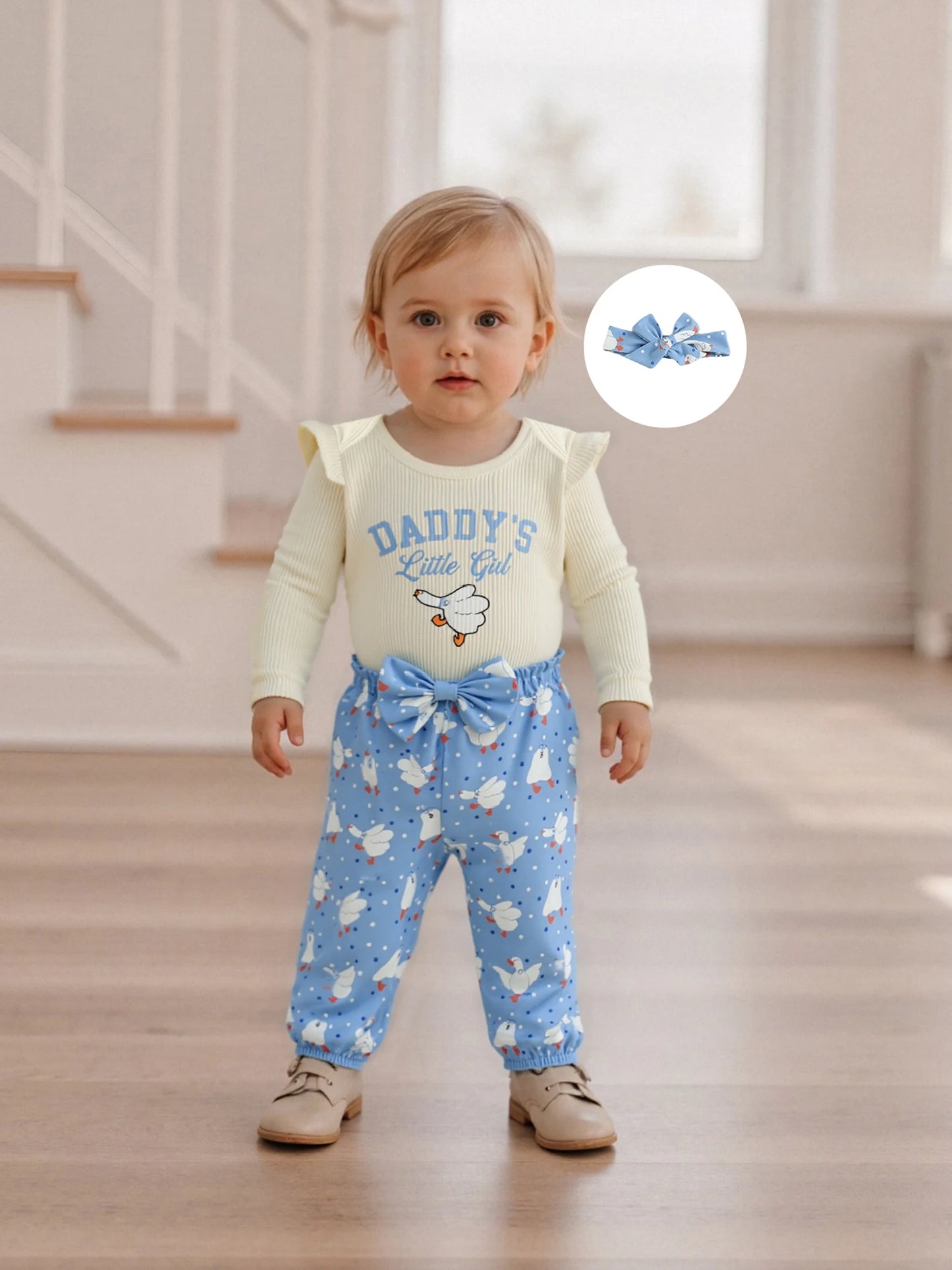 Baby Girls Duck Print Outfit Set - 3-Piece Long Sleeve Romper, Dot Pants & Headband (0-18M)