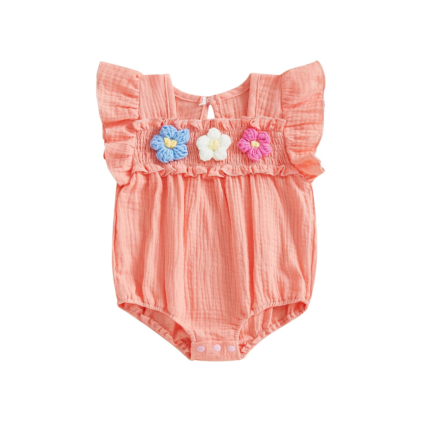 Newborn Baby Girls Flower Embroidery Romper - Smocked Flying Sleeve Jumpsuit (0-12M)