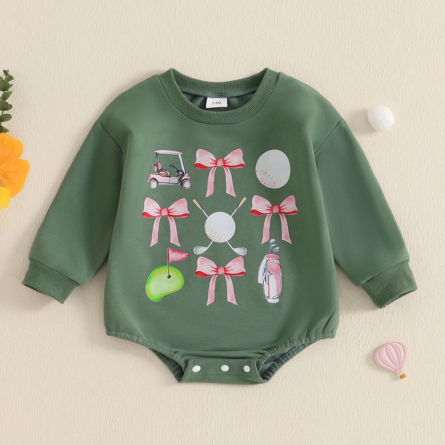 Baby Sweatshirt Romper - Golf Bow Print Crew Neck Jumpsuit