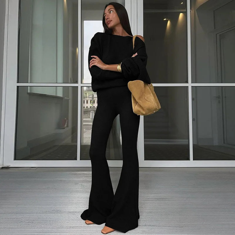 Women's Two Piece Set Asymmetrical Top and Flare Pant Matching Loungewear Set