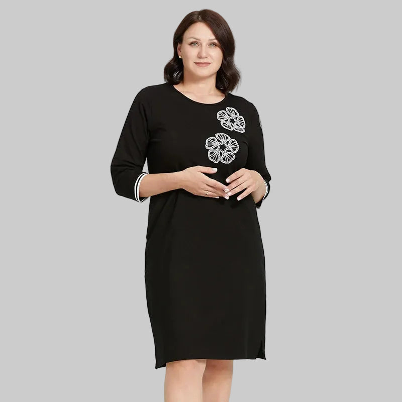 Women's Oversized Floral Embroidery A-Line Midi Dress – Long Sleeve