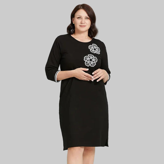 Women's Oversized Floral Embroidery A-Line Midi Dress – Long Sleeve