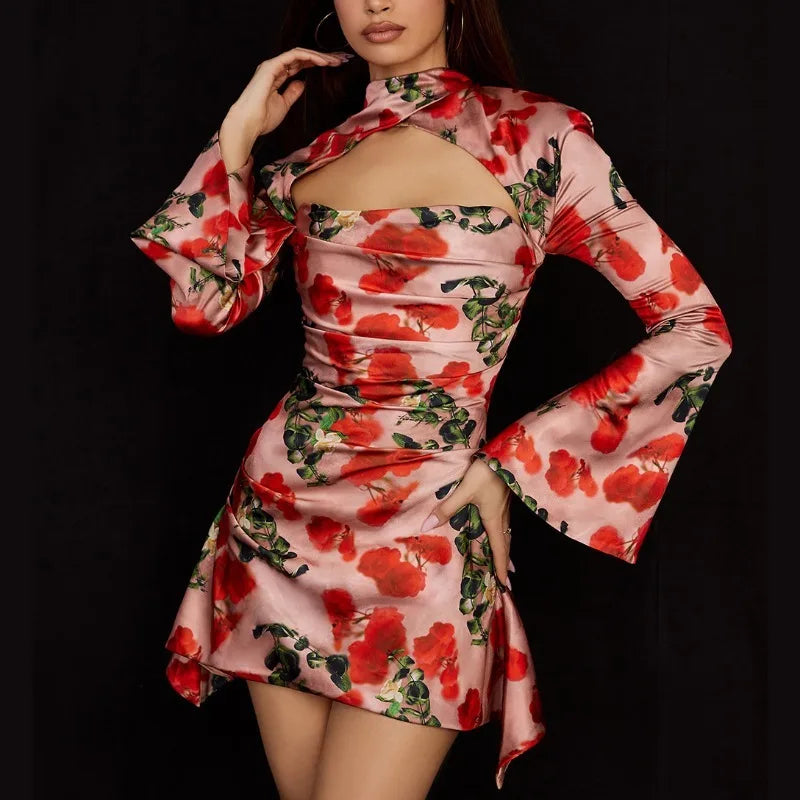 Women's Bodycon Satin Print Hollow Out Long Sleeve  Elegant Party Backless Evening Dress