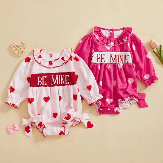 Baby Girls Valentine's Day Romper - Heart Print with Letter Embroidery & Bow (0-24M)