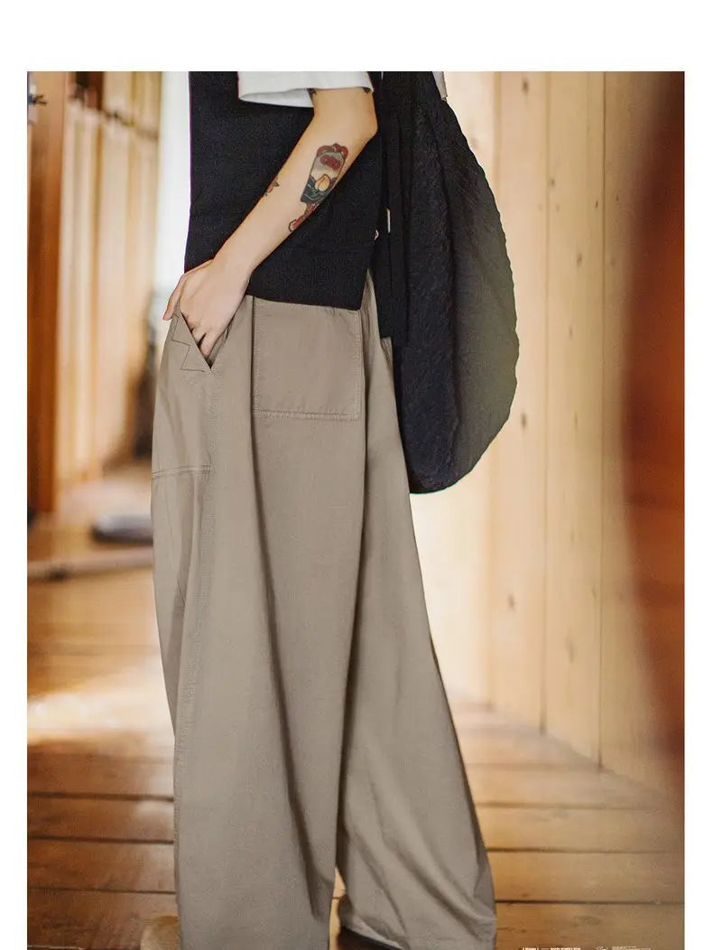 Women's Wide Leg Cargo Trousers - Khaki Elastic Waist Pocket Pants
