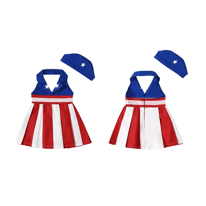 1-5Y Girls American Flag Sleeveless Halter Neck Striped Star Patchwork A-Line Dress  with Hat