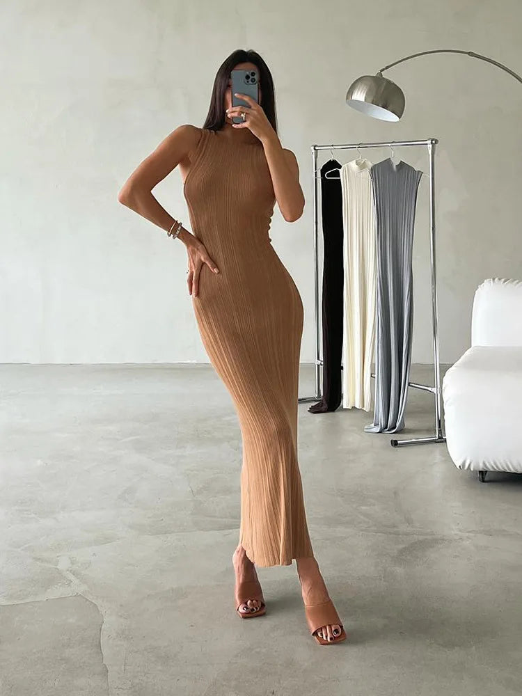 Women's Elegant Sleeveless Textured Knit Maxi Tank  Bodycon Dress