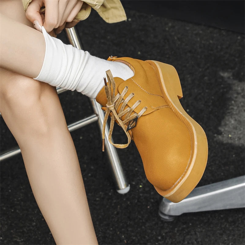 Men's Platform Leather Sneakers - Lace-Up Work Shoes