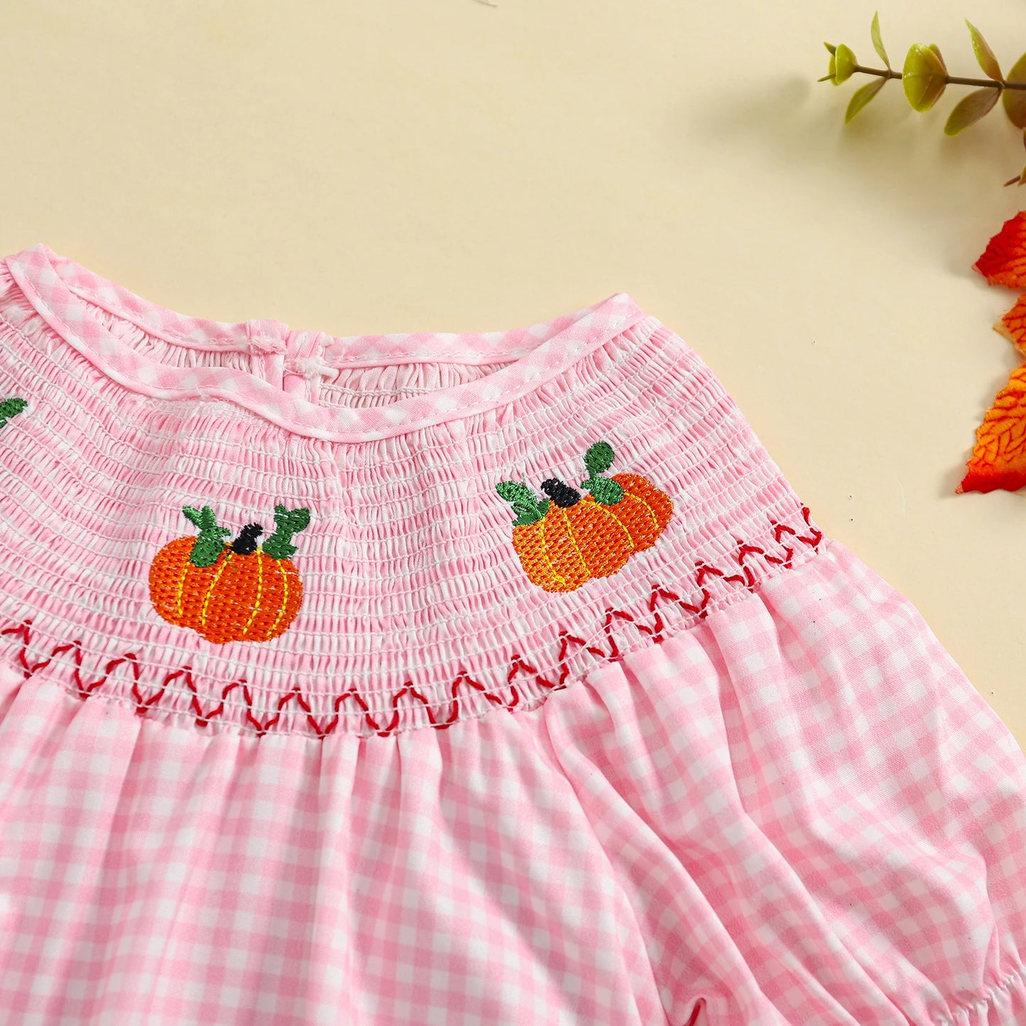 0-3Y Baby Girls Boys Romper Pumpkin Embroidered Plaid Print Short Sleeve Ruffled Jumpsuits