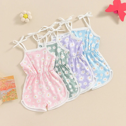 0-5Y  Kids Girls Summer Jumpsuit Shorts 4 Colours Sleeveless Square Neck Floral Print Romper Playsuits