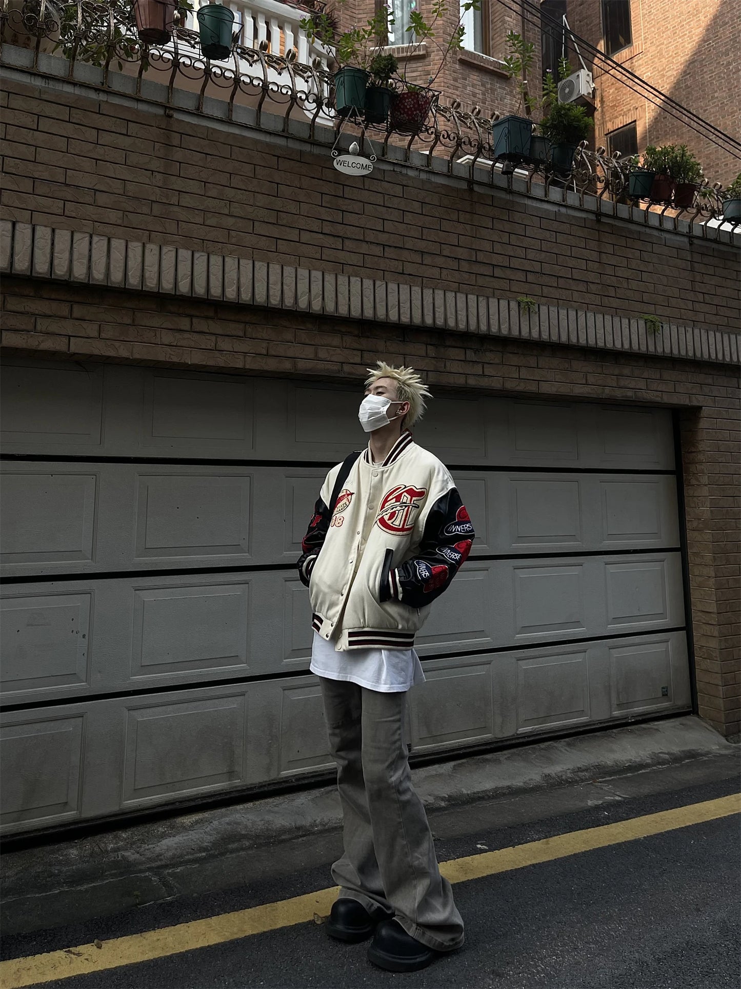 Men's Vintage Flocked Embroidery Patchwork Varsity PU Leather Sleeve Baseball Jacket
