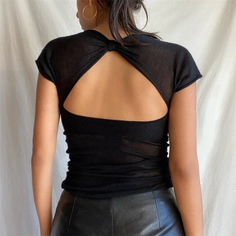 Women's Square Collar Summer Backless Cropped Short Sleeve Elegant Top