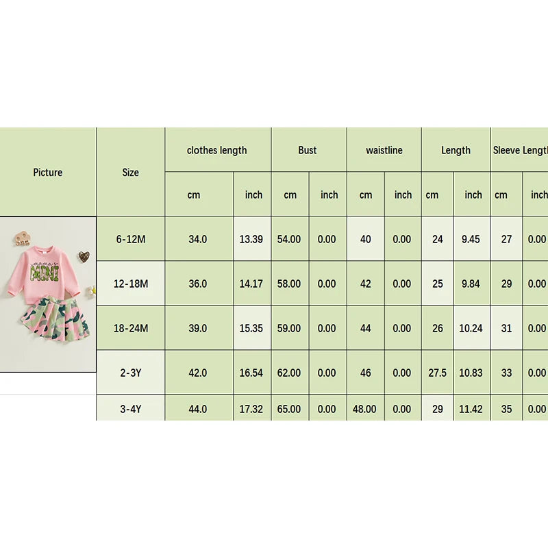 0-4Y Girls Set Long Sleeve Letter Embroidery Sweatshirt Camouflage A-Line Pleated Skirt