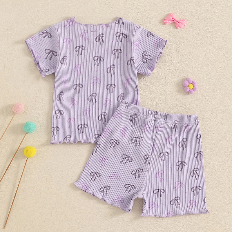 1-5Y Kids Girls Clothes Sets Bow Print Lettuce Trim Short Sleeve T-shirt Elastic Waist Shorts