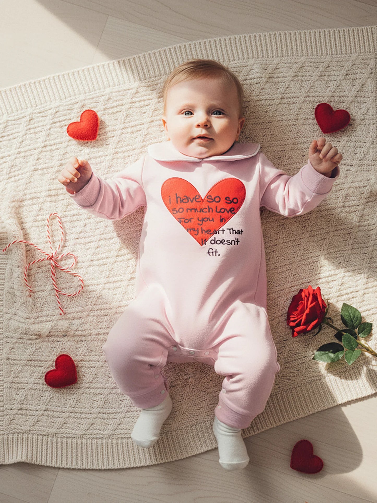 Lovely Baby Valentine's Day Romper - Heart Embroidery Long Sleeve Doll Collar Jumpsuit