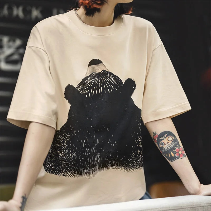 Women's Apricot Bear Print Oversized T-Shirt - Cute Loose Fit Ribbed Crew Neck Summer Tee
