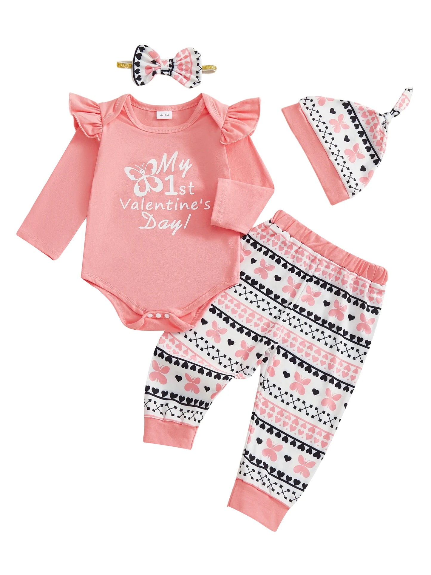 Newborn Baby Girls Boys Valentine's Day Outfit Set - Letter Print Romper with Butterfly Pants & Accessories 0-12M