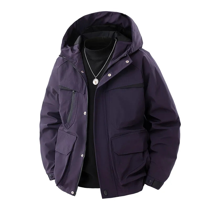 Men's Hooded Outdoor Jacket - Solid Colour Casual Outerwear with Zippers