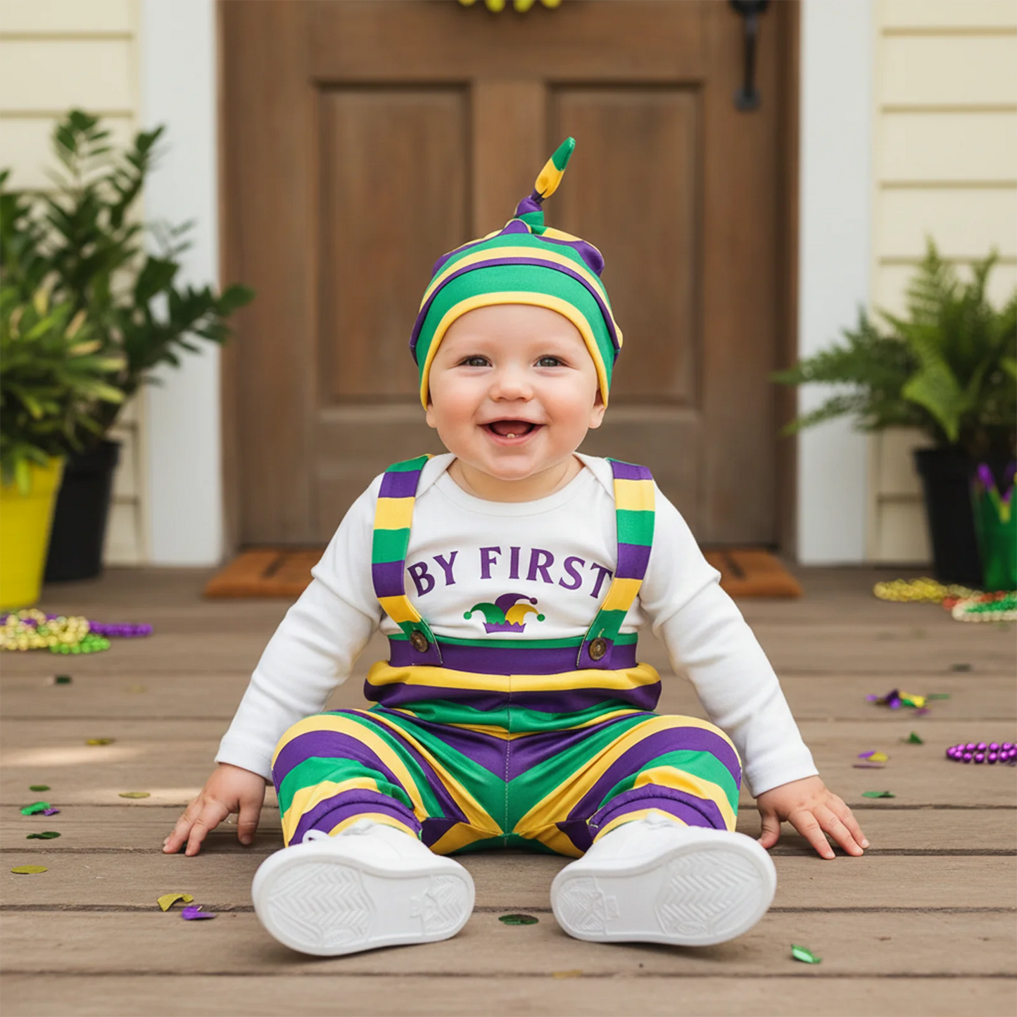 Newborn Baby Boys Outfit Set - Letter Print Striped Romper with Suspender Pants & Cap 0-12M