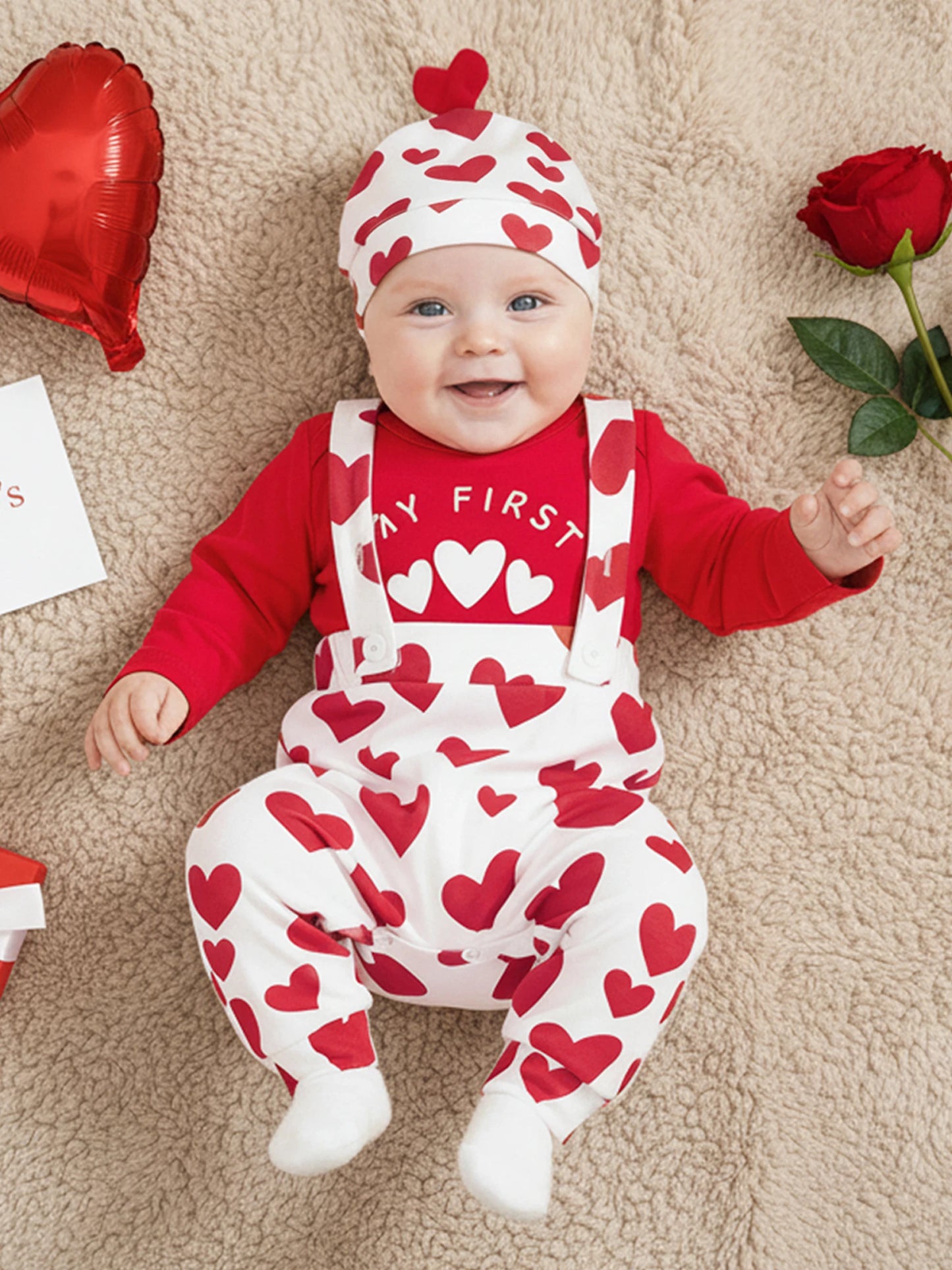 Baby Boys Valentine's Day Outfit Set - Heart Print Romper with Suspender Pants & Hat 0-18M