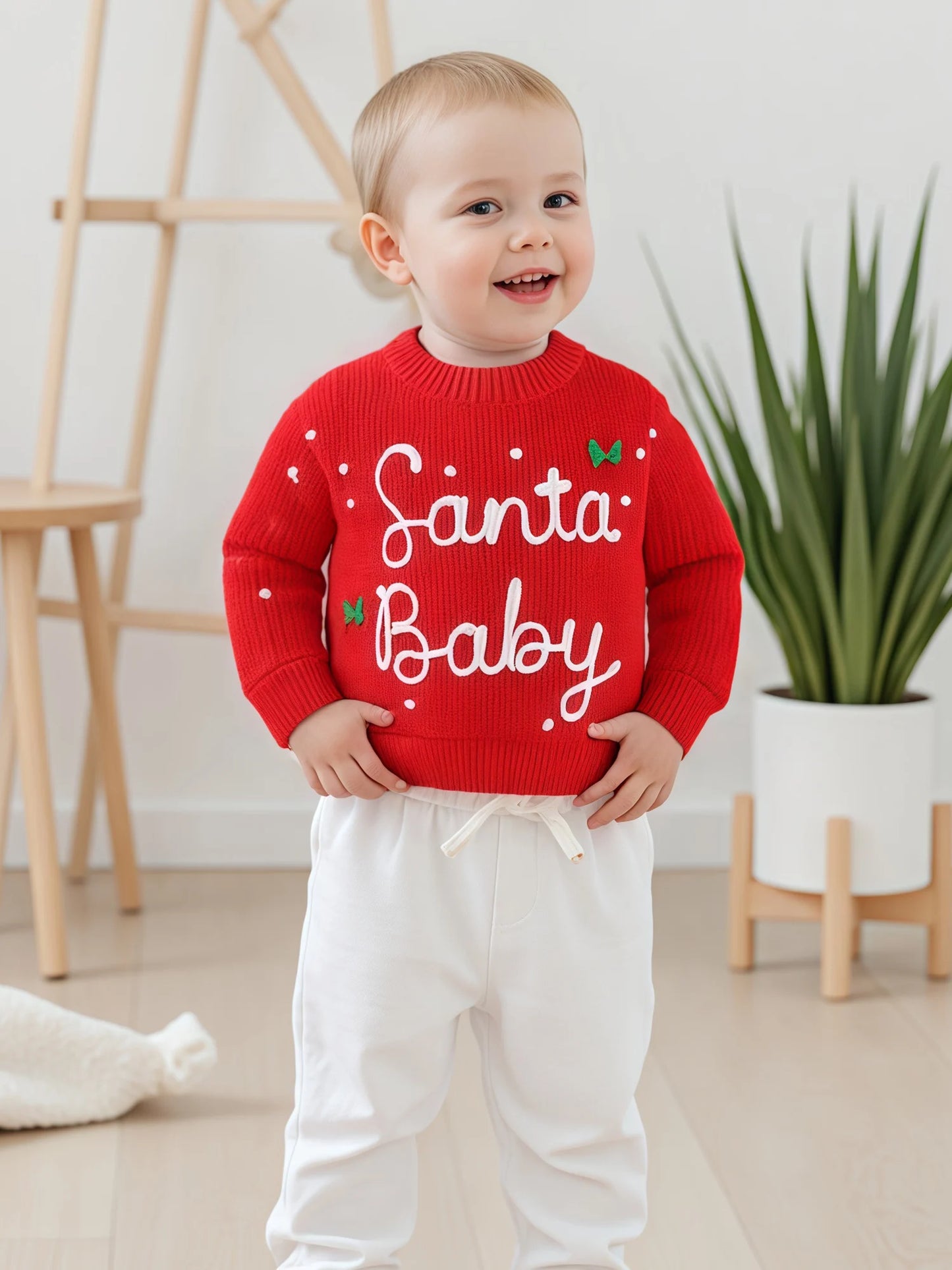 0-5Y Kids Boys Girls Christmas Sweater Letter Embroidered Crew Neck Long Sleeve Pullover Knit Top