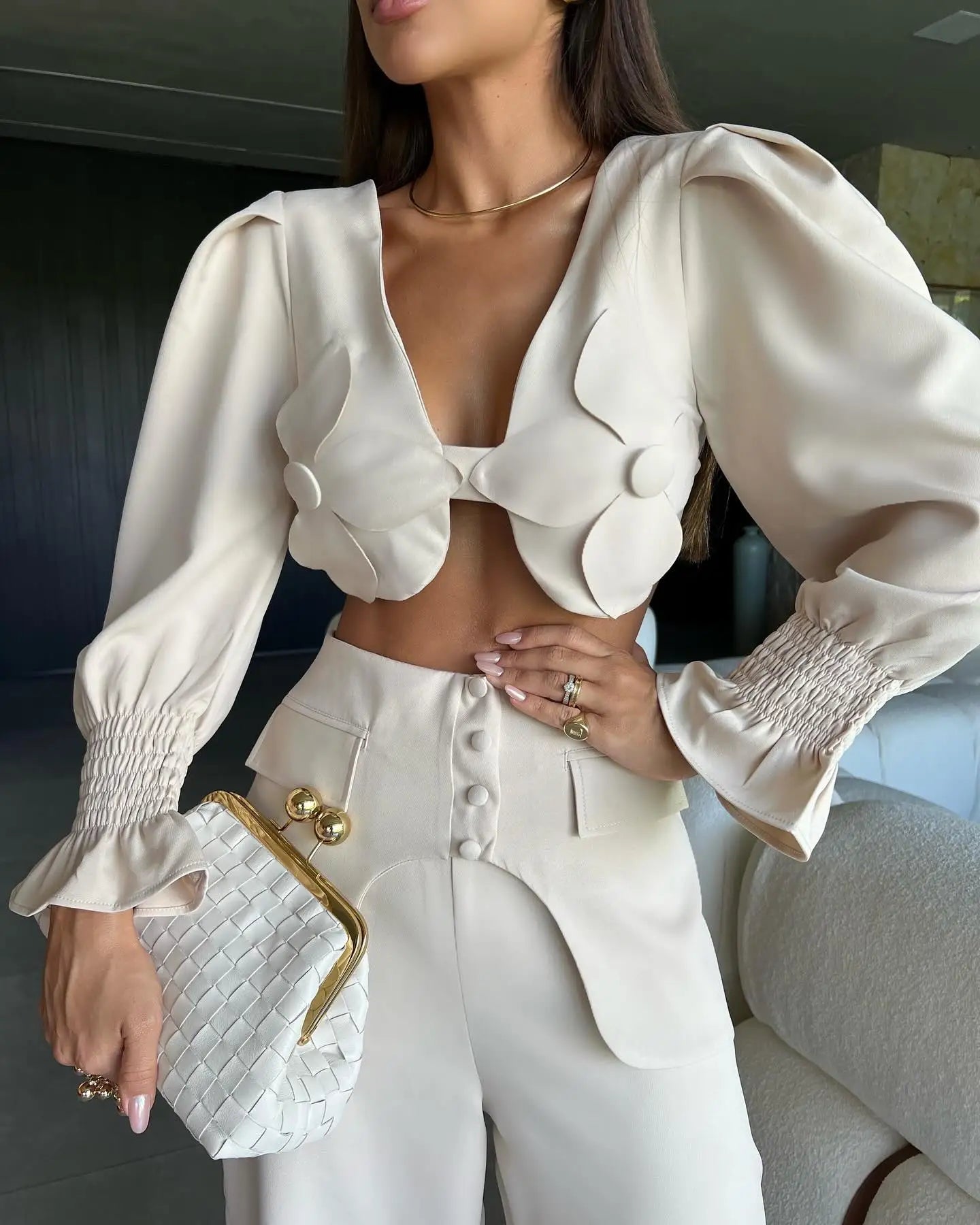 Women's Two Piece Long Sleeve Short Top Wide Leg Trousers