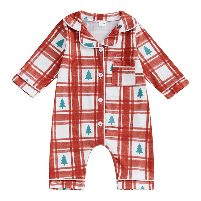 Christmas Pajama Romper - Baby Boys Girls Xmas Tree Plaid Jumpsuit