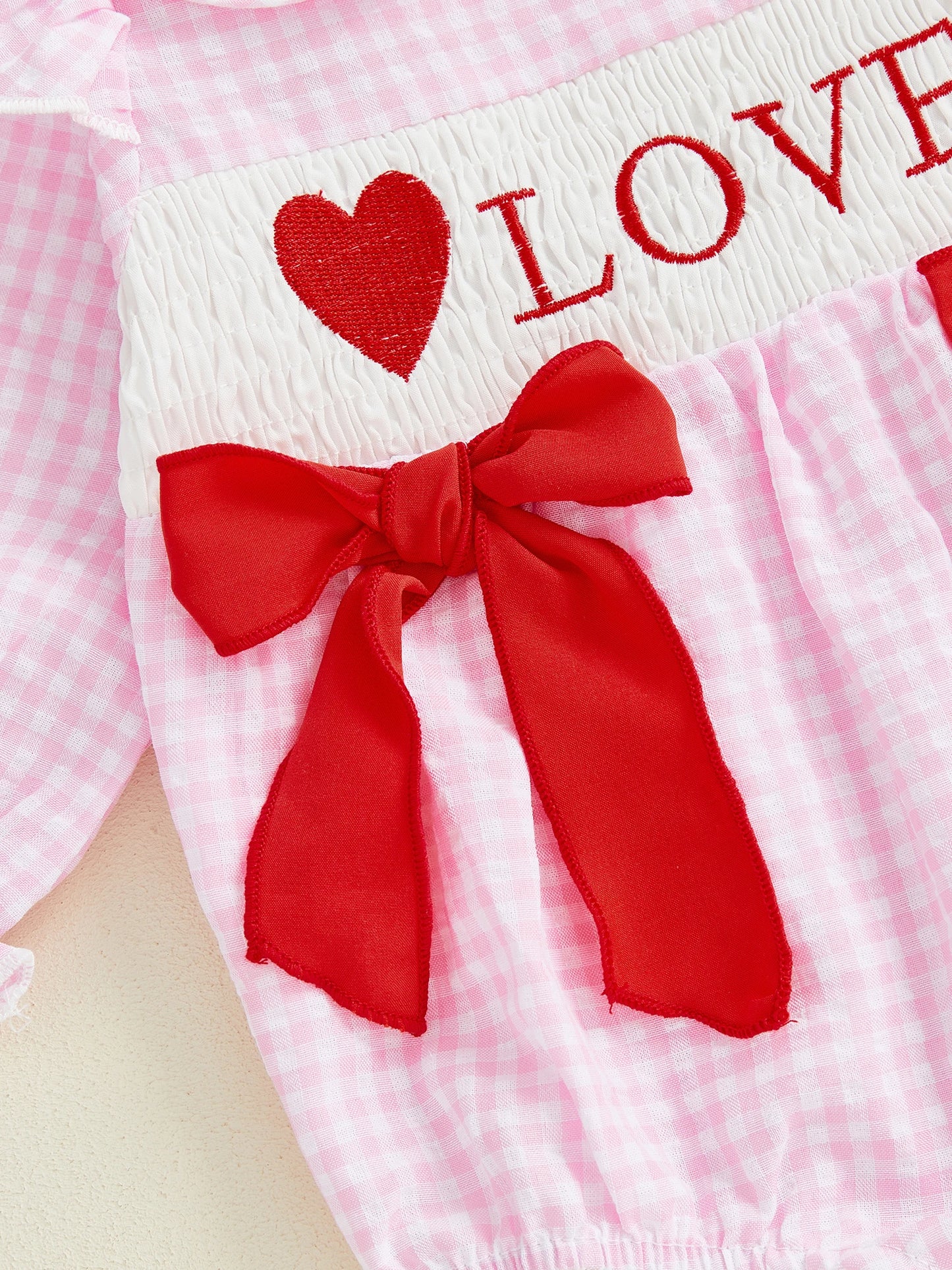 Baby Girls Valentine's Romper - Plaid Embroidered Ruffled Doll Neck Jumpsuit 0-18M