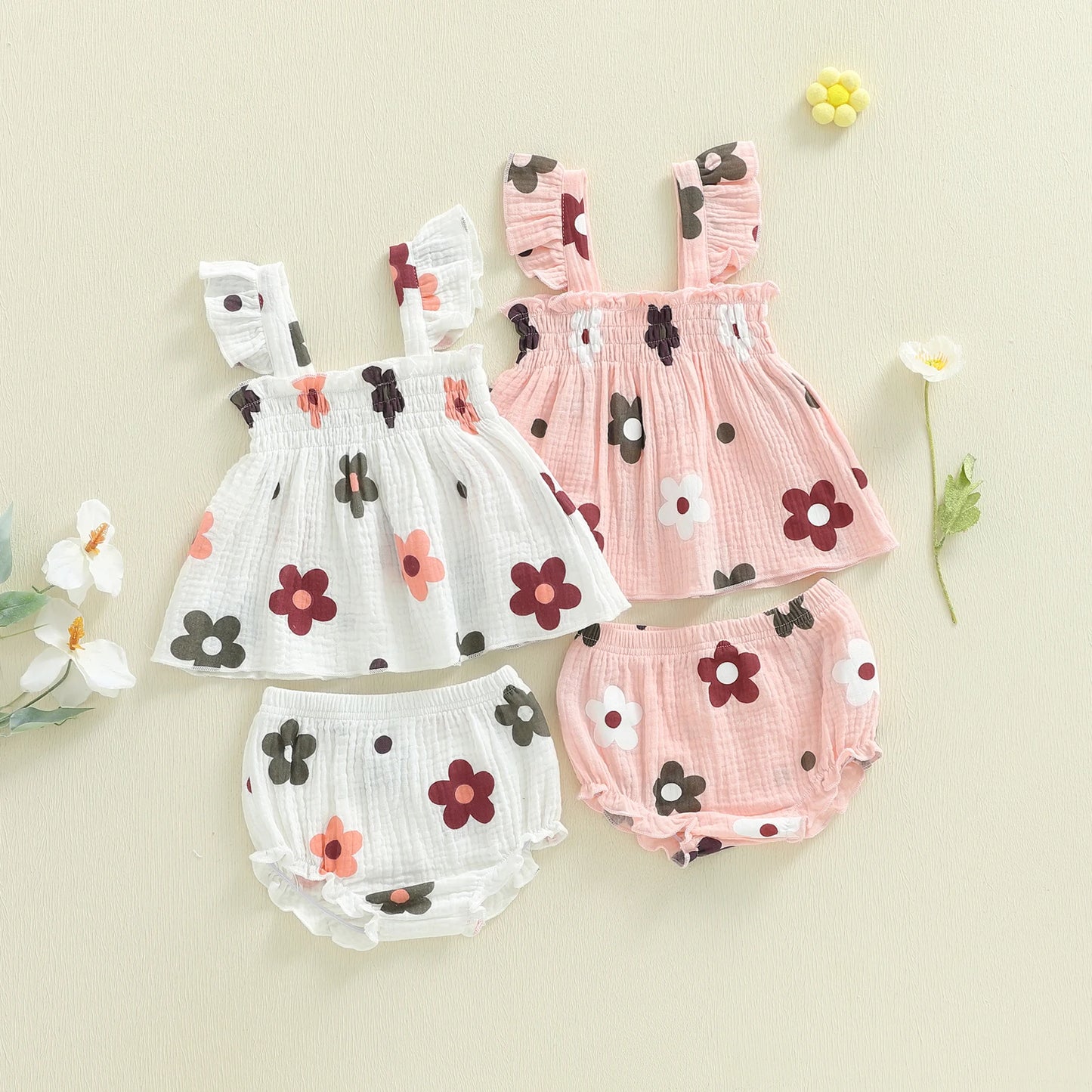 Baby Girls Floral Outfit Set - Sleeveless Top & Bloomers Shorts (0-24M)