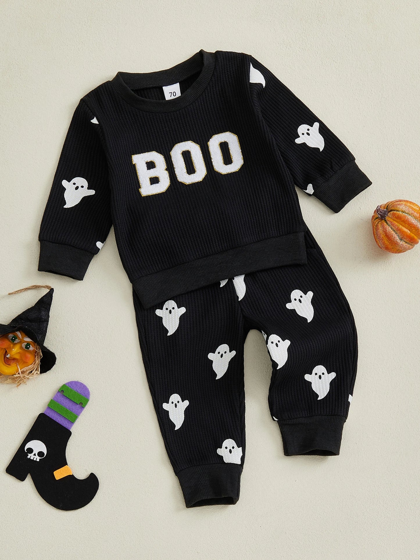 Toddler Boy's Halloween Outfit Set - Ghost Print Sweatshirt & Elastic Pants