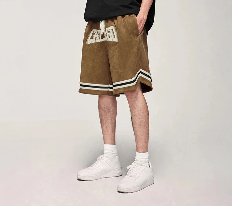 Men's Brown Basketball Elastic Waist Faux Suede Sports Shorts