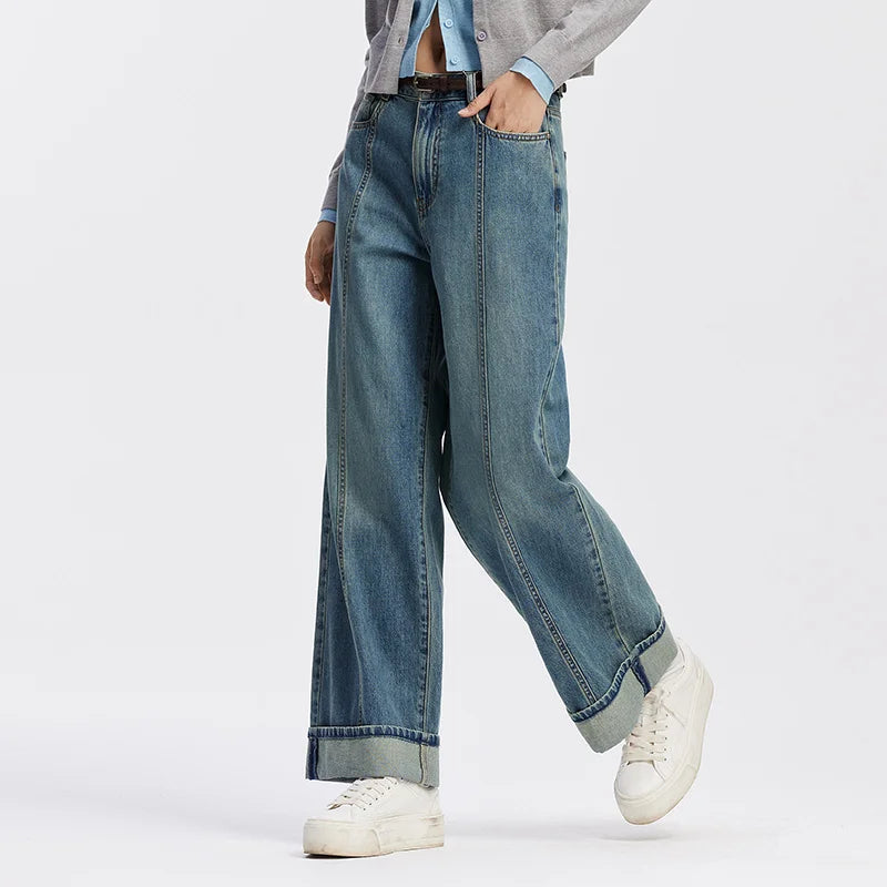 Women's Rolled Hem Loose Wide Leg Long Trousers