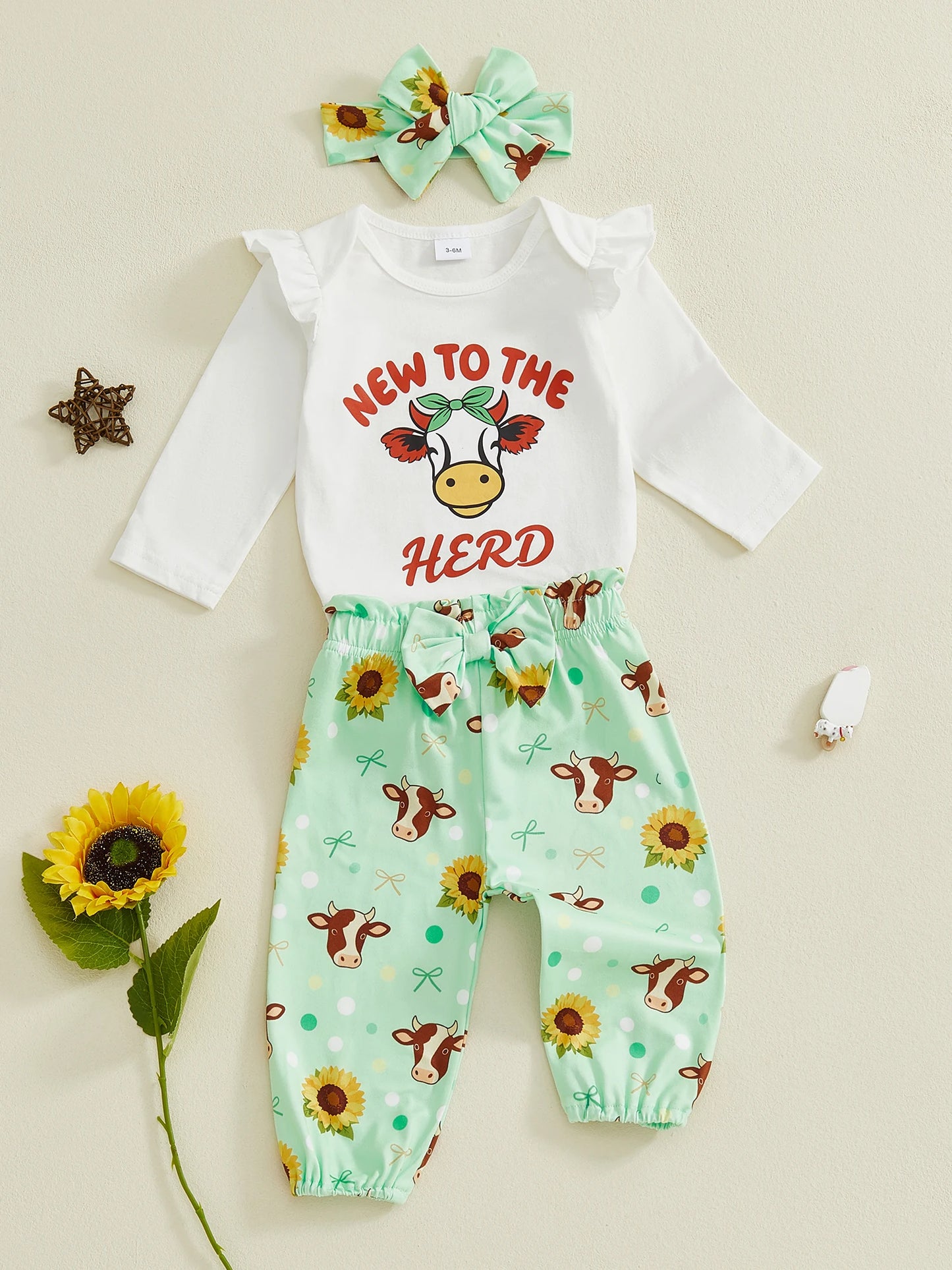 Baby 3-Piece Outfit Set - Cow Print Letter Romper, Pants & Headband