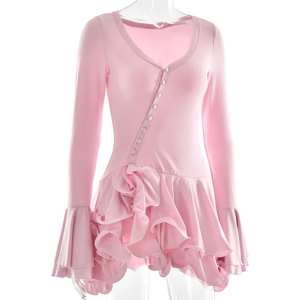 Women's Ruffled Mini Dress - Single-Breasted V-Neck with Flare Sleeves