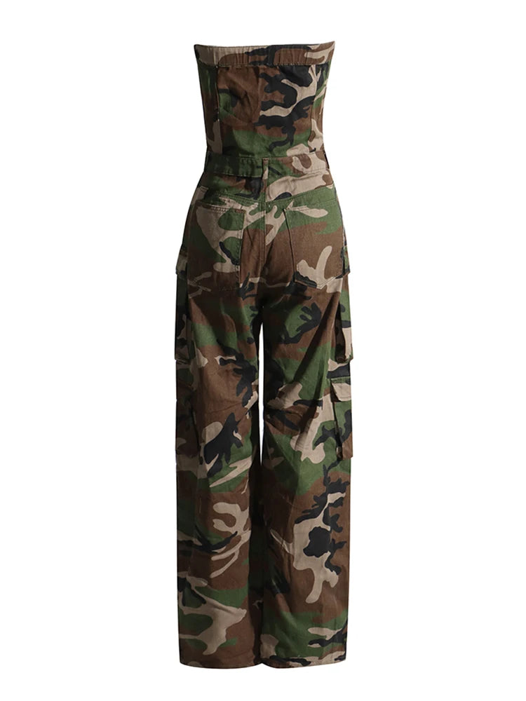 Women's Camouflage Cargo Jumpsuit  - Strapless Sleeveless High Waist Spliced Pockets Jumpsuit