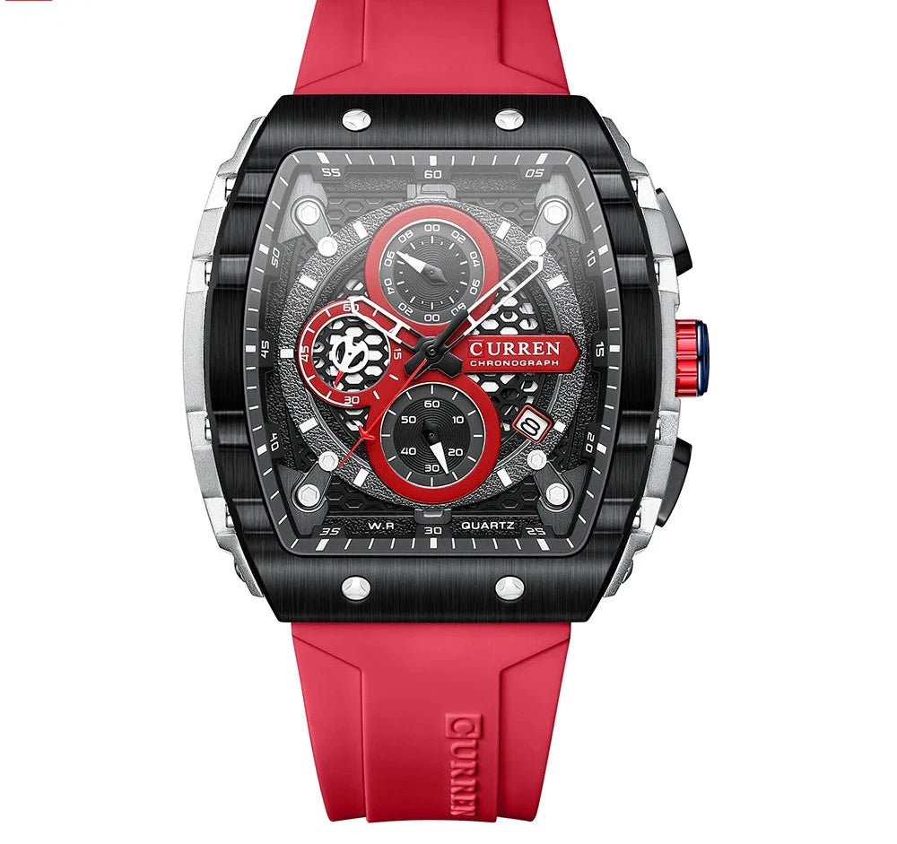 Tonneau Dial Sport Watch - Waterproof Quartz with Auto Date & Yellow Silicone Strap