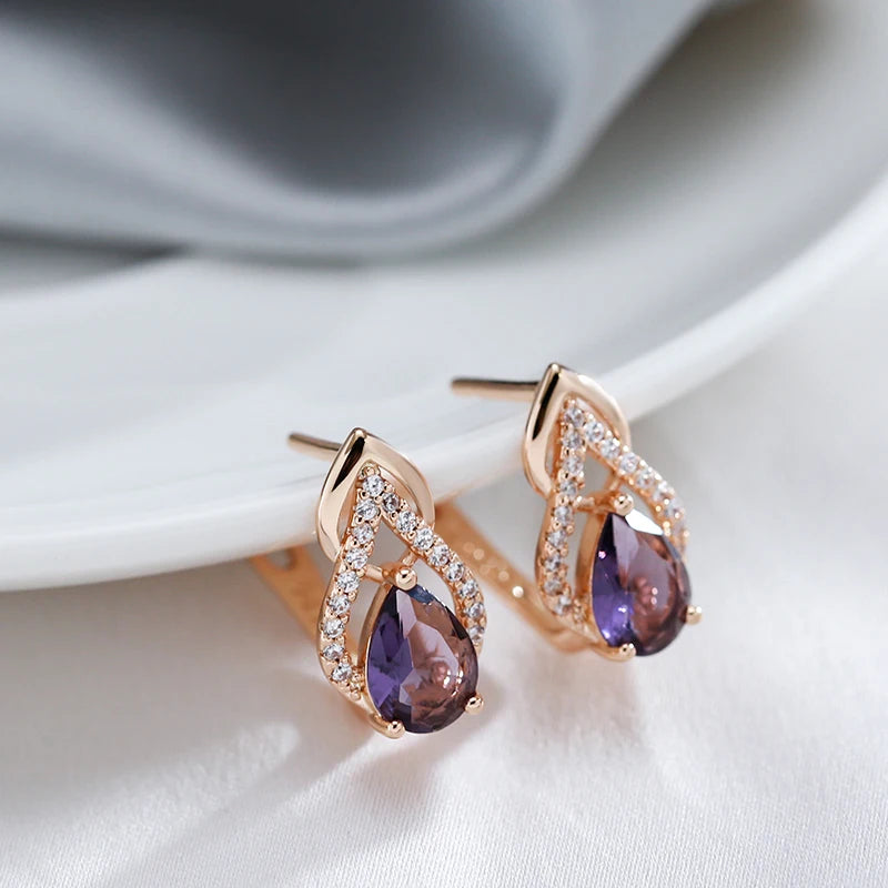 Women 585 Rose Gold Vintage Sparkling Purple Water Drop Natural Zircon Earrings