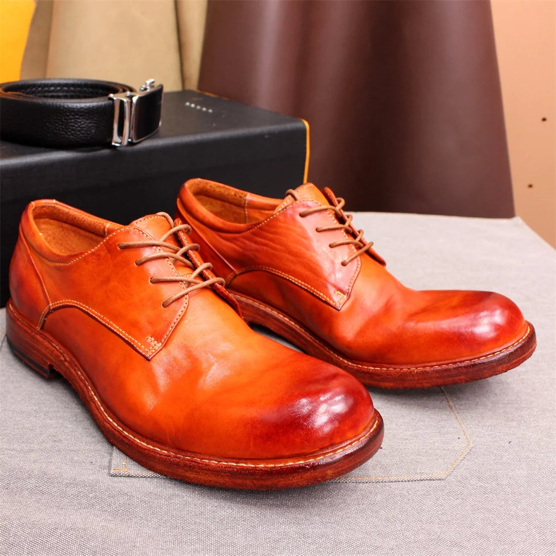 Men's Handmade Goodyear Sewn Comfortable Derby Formal Soft Leather Genuine Leather Round Toe Non-slip Casual Shoes