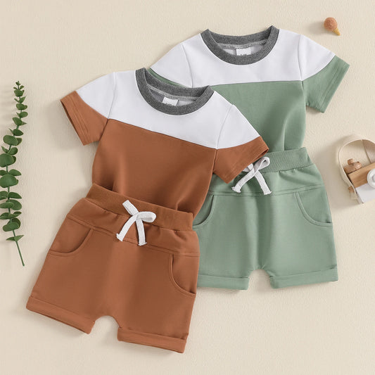 0-3Y Toddler Baby Boys Casual Clothes Set Contrast Colour Round Neck Short Sleeve Tops Pockets Shorts