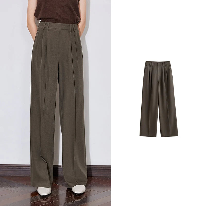 Women's High Waist Straight Leg Suit Trousers with Pockets | Brown
