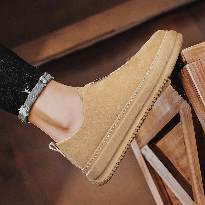 Men's Suede Leather Platform Work Shoes - Zipper Casual Business Sneakers