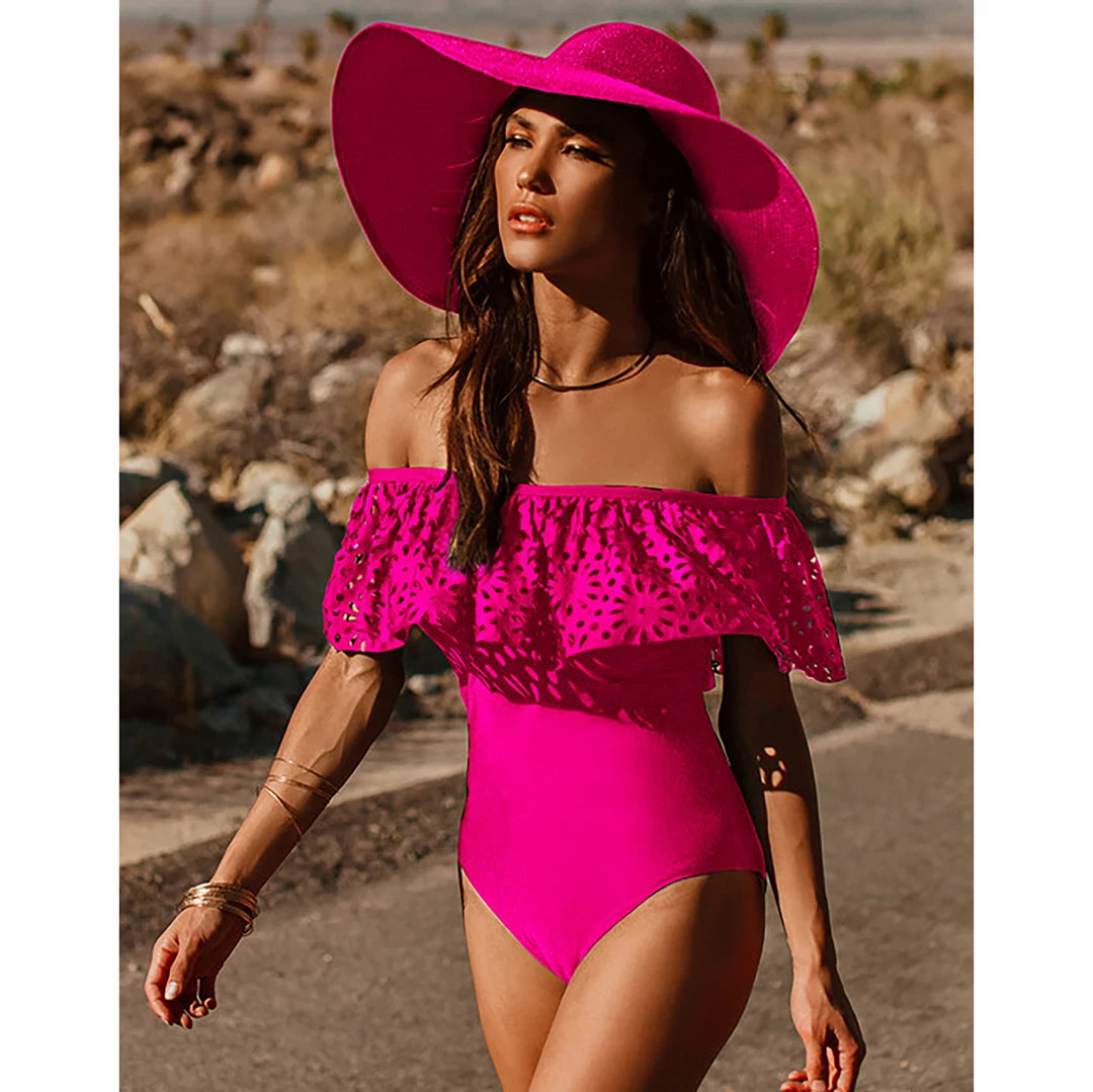 Women's Ruffle Swimwear One Piece  Off Shoulder Bodysuit Push Up Swimsuit