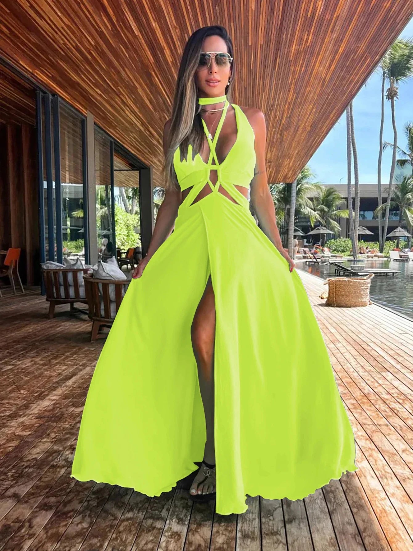 Women's Halter Neck Tie Backless Beachwear Green Cover Up Long Dress