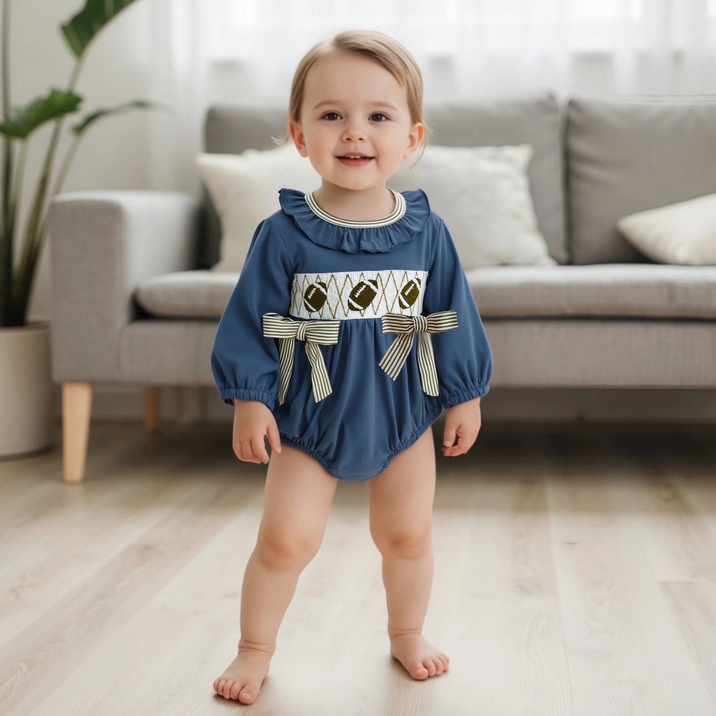 Baby Girls Autumn Winter Romper - Football Embroidery Ruffled Bubble Jumpsuit with Bow (0-18M)